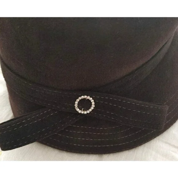 Vintage Anna Rizzo Firenze Dark Brown Fur Felt Cloche Hat with Bow & Rhinestone